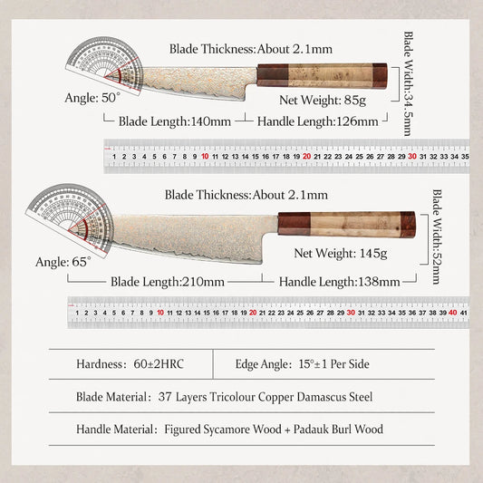 Zestaw noży HEZHEN 1-5 szt., 37 warstw, trójkolorowa miedziana stal damasceńska, nóż szefa kuchni, klasyczny ośmiokątny uchwyt, noże kuchenne, pudełko prezentowe