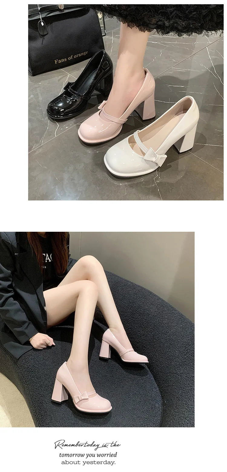 Elegant Heel Shoes Ladies 8cm High Heel Bowknot Solid Mary Jane Zapatos Adult Dress Pink White Black Cosplay Footwear