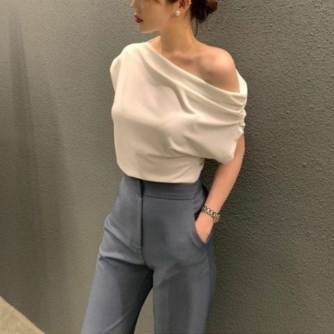 Asapgot Diagonal Crop Top - Schulterfrei Elegant Kurzarm S