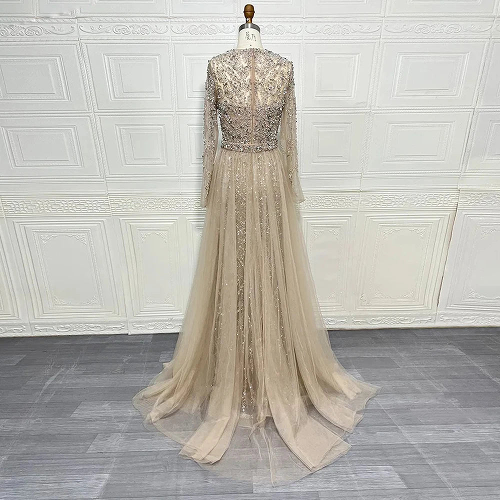 Rochie de seară elegantă pentru femei 2025 musulmană, mâneci lungi, sirenă, trenă detașabilă, mărgele, rochie de bal formală, nuntă, petrecere, personalizată