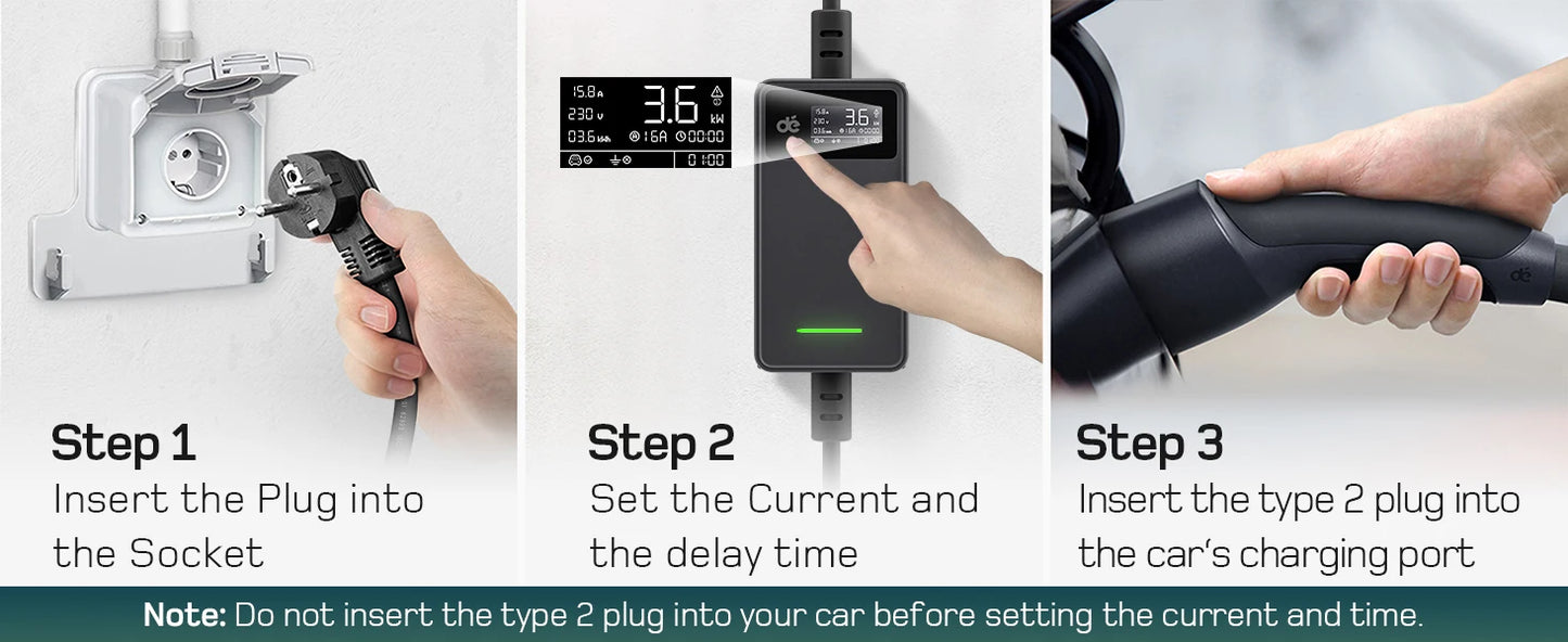 Elektroauto-Ladegerät Typ 2 16A 3,7kW Schuko mit Digitaldisplay 6m 8m 10m 15m 20m Ladekabel Mode 2 für Zuhause und Outdoor