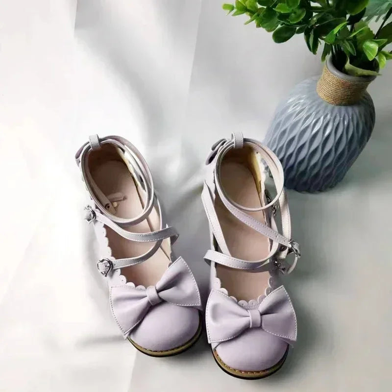 Lolita Schuhe Damen 2025 - Flats Low Round Cross Straps Schleife - Süße Mädchen Prinzessin Tea Party Schuhe Studenten 34-41