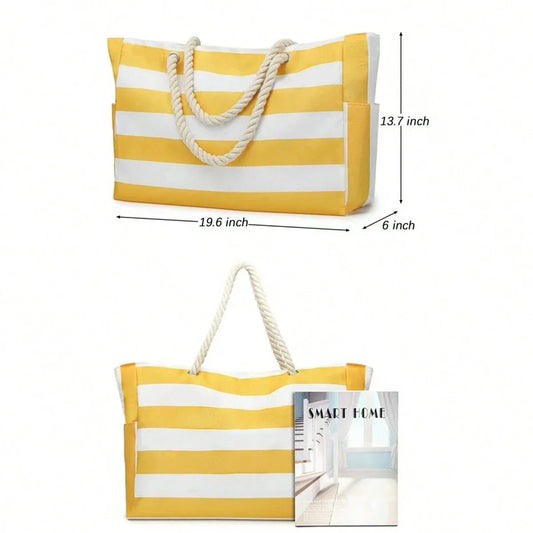 Striped Canvas Summer Beach Bag, Large Capacity Shopping Bag, Fashion Tote Bag For Travel,Ideal for Beach, Travel, & Camping - Golden Bridge Store