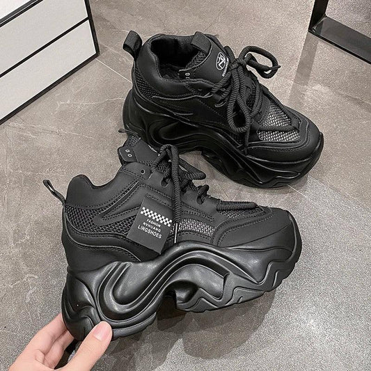 Women High Platform Sneakers New Summer 9.5CM Wedge Heels Thick Sole Leather Shoes Autumn Breathable Mesh Chunky Sneakers Woman - Golden Bridge Store