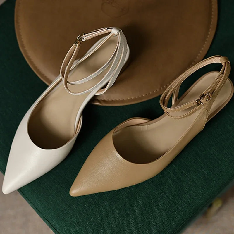 New 2025 Summer Trend Women Sandals Genuine Leather Slingbacks Closed Pointed Toe Apricot Beige Flat Shoes Ankle Strap Ladies