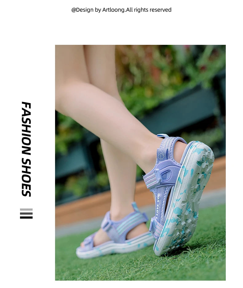 Sandalen Mädchen 2025 - Weiche Sohlen Casual Schuhe Modische Prinzessin - Neue Blumen Rosa Flache Schuhe Rutschfest Strand Kinder 7-13J