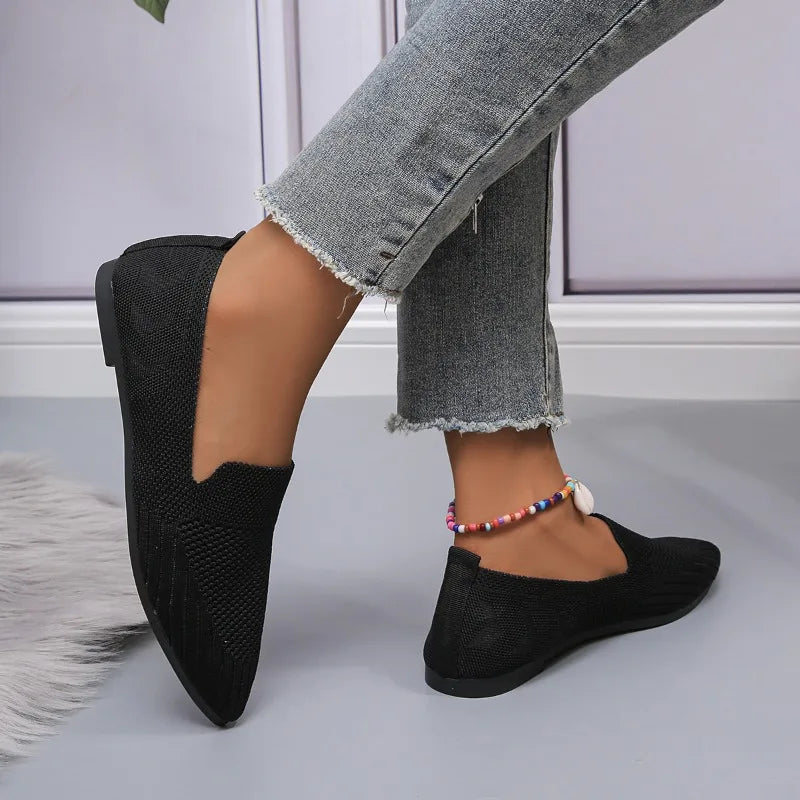 Elegant Office Women Loafers Ladies Hollow Knitting Breathable Solid Color Pointed Toe Mesh Shallow Mouth Flat Casual Shoes