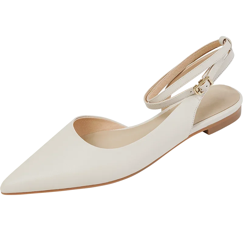 New 2025 Summer Trend Women Sandals Genuine Leather Slingbacks Closed Pointed Toe Apricot Beige Flat Shoes Ankle Strap Ladies