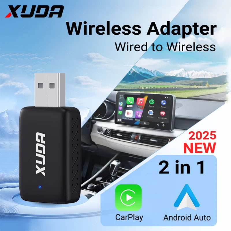 XUDA 2 în 1 Wireless CarPlay AI Mini Box 2025 - Android Auto Box Plug Play - Conexiune automată compatibilă cu 99% dintre radiourile auto pentru mașini