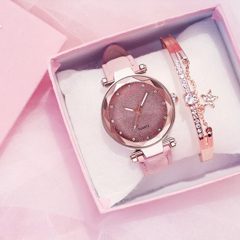 Casual Uhren Damen Romantischer Sternenhimmel - Uhr Armband Leder Strass Designer - Damen Uhr Einfaches Kleid Geschenk