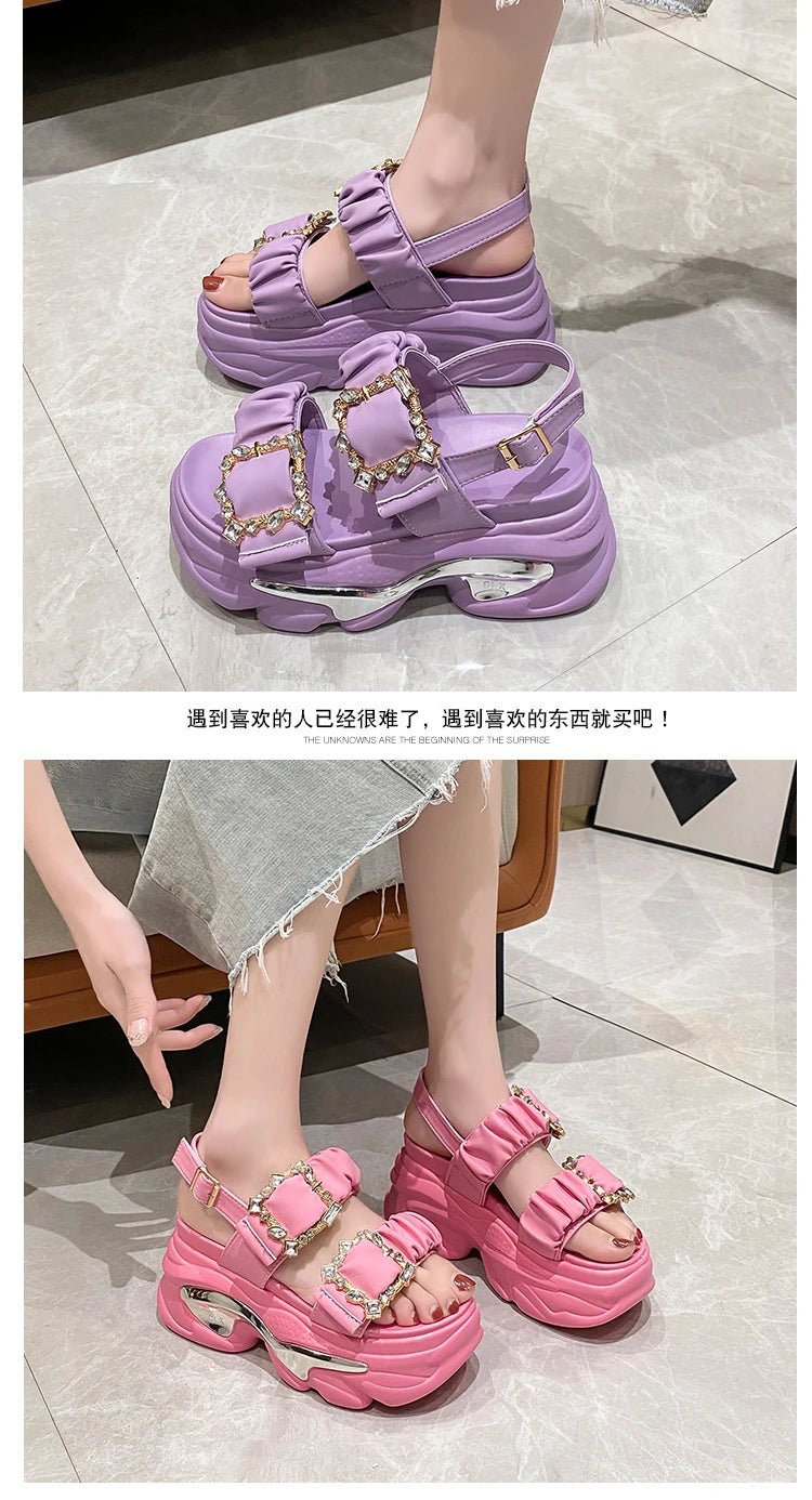Women's Bling Strap Chunky Sandals Summer 2023 Thick Bottom Wedges Beach Slippers Woman Fashion Pink High Platform Sandals Mujer