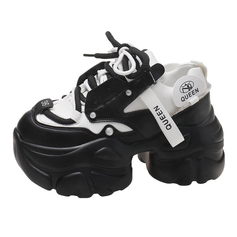 White Chunky Sneakers Women New Autumn Hidden Heel Platform Sports Dad Shoes Woman Lace Up Breathable Mesh Casual Shoes 9.5CM