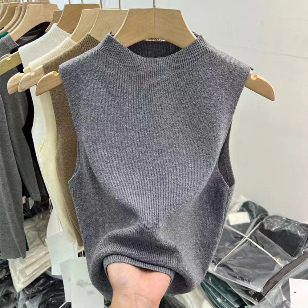 Femeii vestă maiou culoare solidă tricotate tricouri tricou top crop top camisol pulover cu guler înalt primăvară toamnă fără mâneci