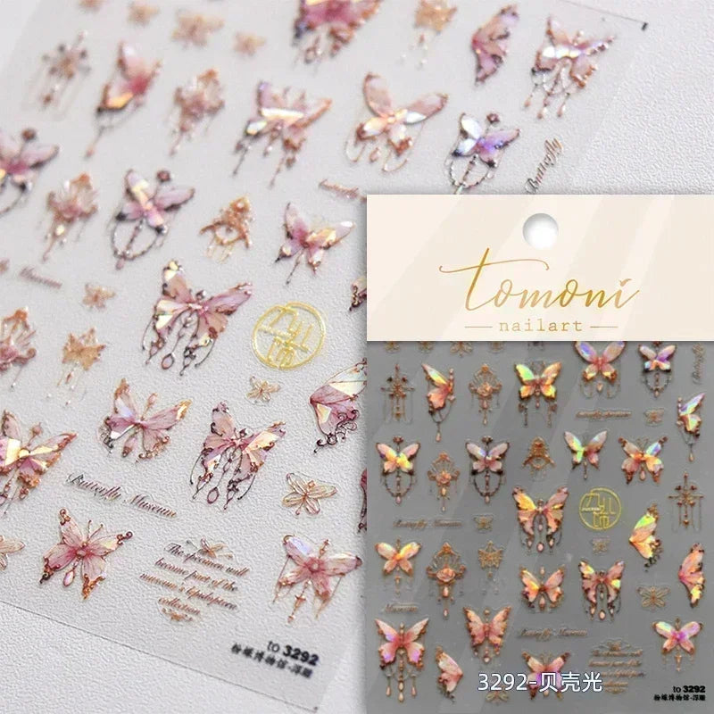 Fantasy Shiny Shell Light Butterfly Rhinestone Bohemia Hot 5D Soft Embossed Relief Nail Art Sticker 3D Decal Decoration Manicure