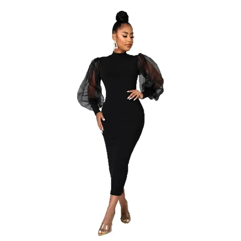 Elegant Spring Summer Dress for Women Long Sleeve Evening Gown Women Clothing Temperament Half High Collar Bodycon Dress Vestido