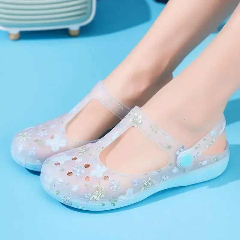 Women's Pink Floral & Butterfly Print Transparent T - Strap Jelly Sandals - Comfortable & Stylish Summer Printed Hole Shoes