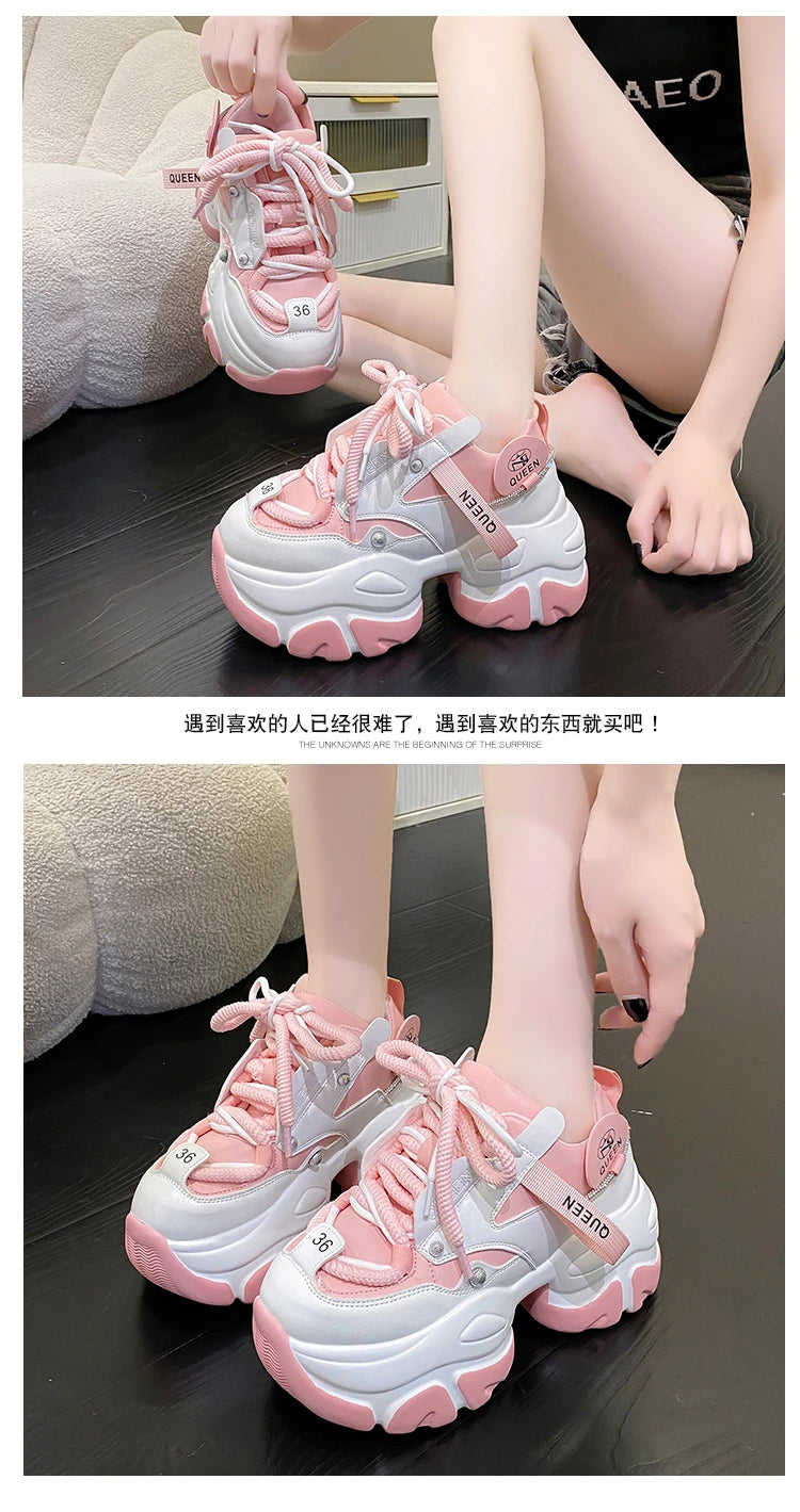 White Chunky Sneakers Women New Autumn Hidden Heel Platform Sports Dad Shoes Woman Lace Up Breathable Mesh Casual Shoes 9.5CM