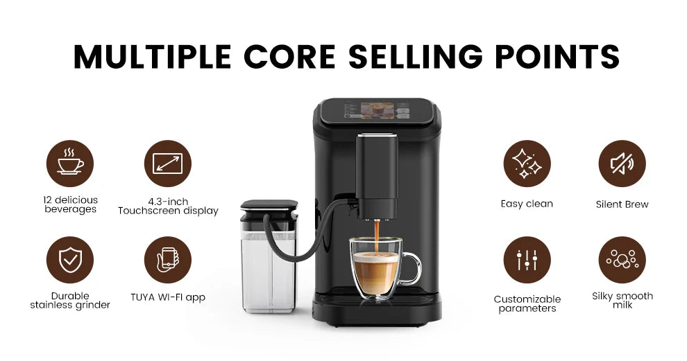 Mcilpoog WS-D5 Automatic Coffee Machine - Smart Wi-Fi , 12 Coffee Varieties, Touchscreen & Built-In Frother/1.5L Tank for Home