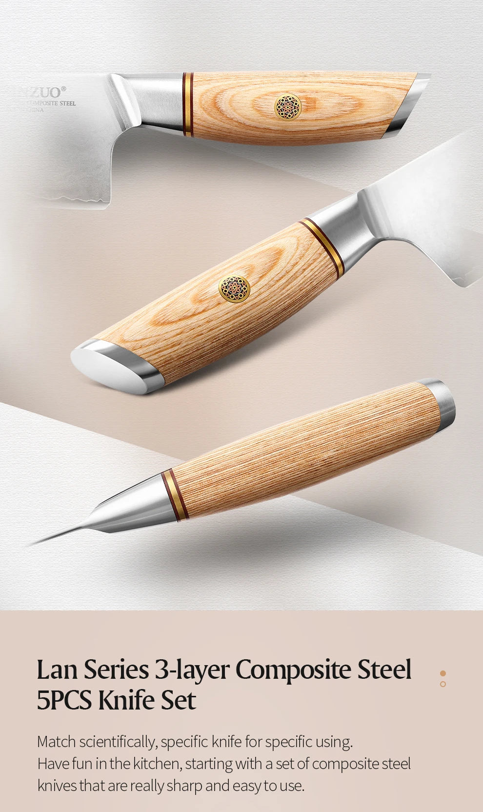 XINZUO 1-5pcs Knife Set Pakkawood Handle Nails 3-layer Clad Steel 60±2 HRC 15°±1 Per Side Kitchen Accessory Tools Best Gift