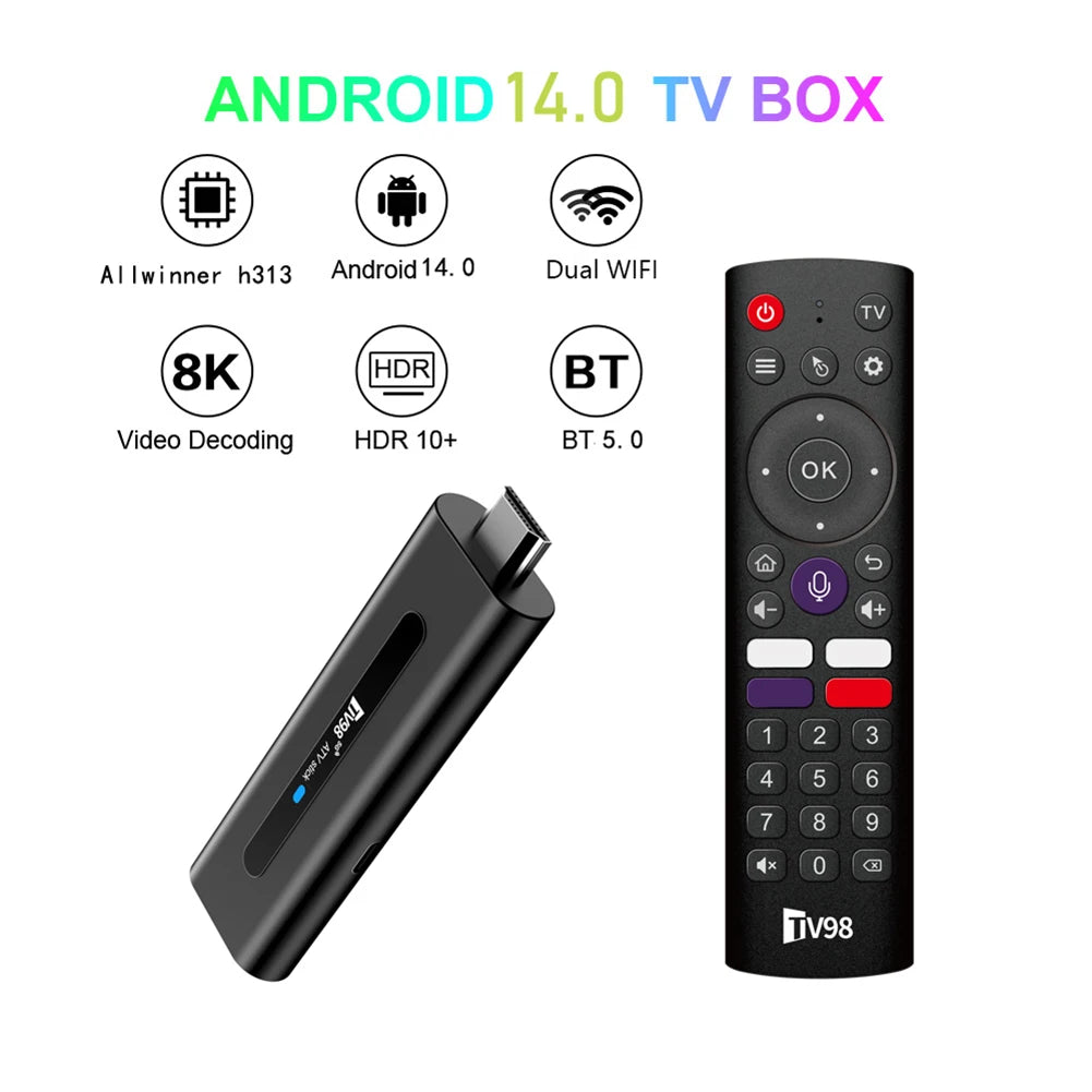 TV98 ATV H313 Mini TV Stick 8K 2.4G 5G WiFi Quad Core BT5.0 Android TV Stick 14.0 Set Top Box for Network Media Player