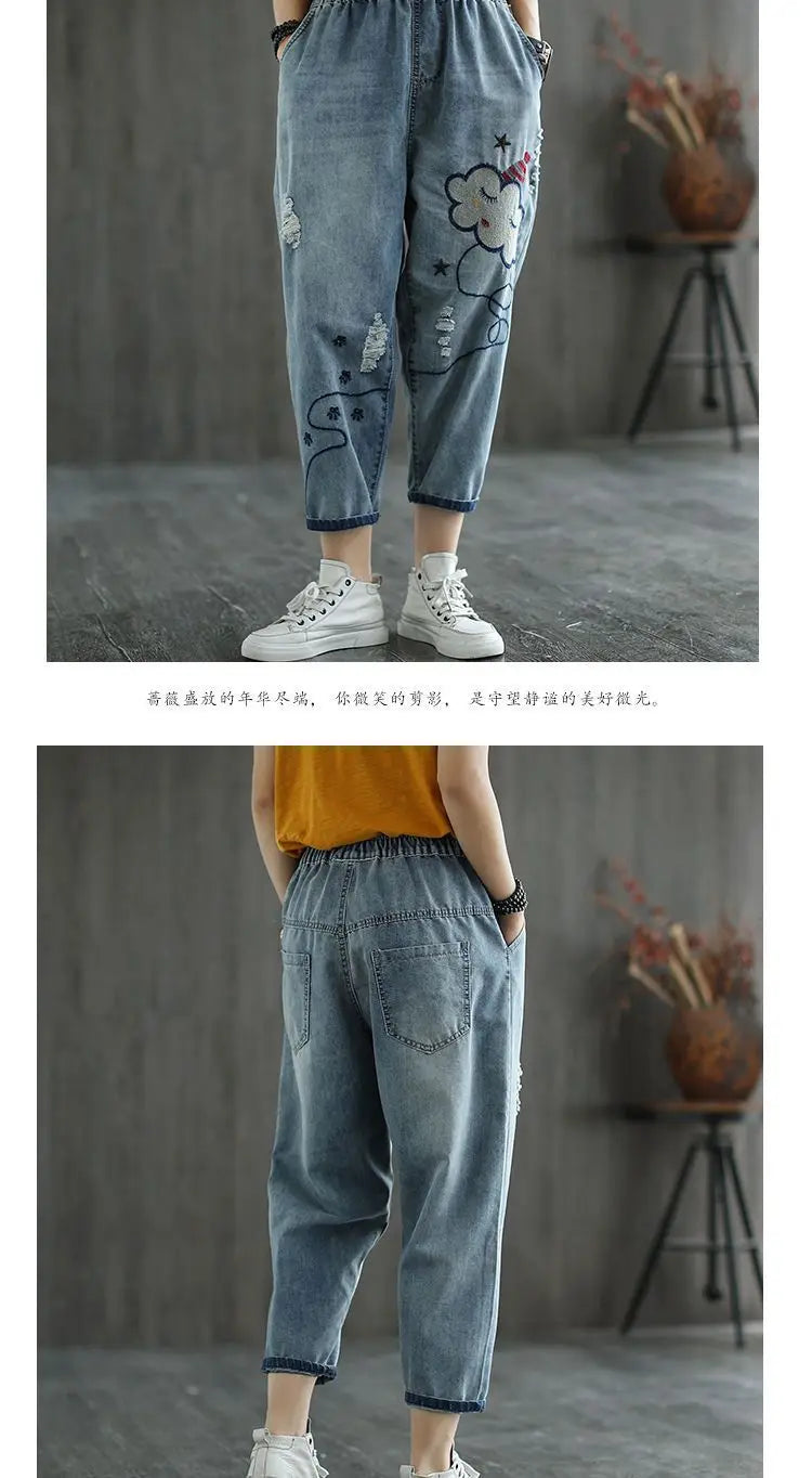 Embroidered Jeans Women Spring and Summer New Cropped Retro Casual Oversized Loose High Waisted Embroidered Slim and Versatile