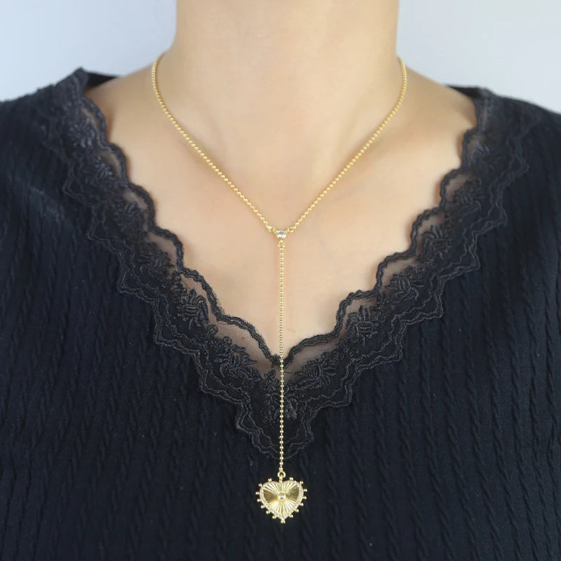 Gold Color Bead Chain Love Heart Pendant Micro Pave Sparking Cz Long Y Lariat Sexy Necklace Women Boho Sweater Chain Jewelry