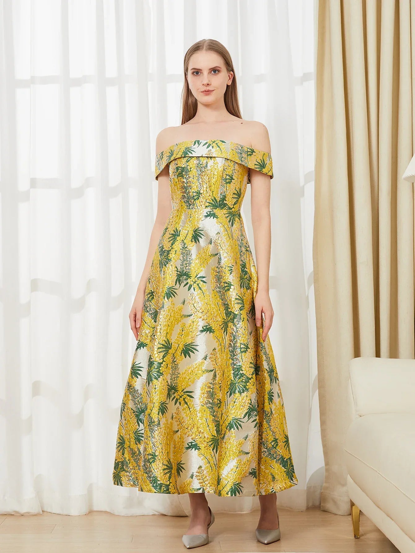 Belle Mode Abendkleid Off-Shoulder Jacquard - Maxi Lang - Golden Bridge Store