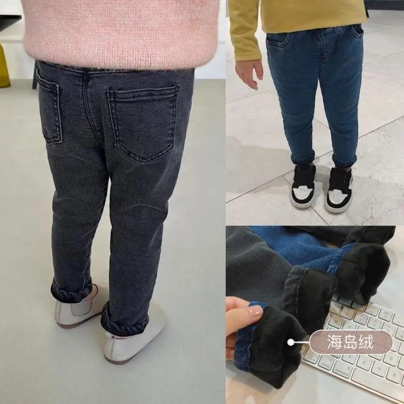 Baby Kids Spring Autumn Winter Thick Warm Jeans With Fleece For 1-7 Years Boys Girls Casual Denim Pants Kids Children Trousers
