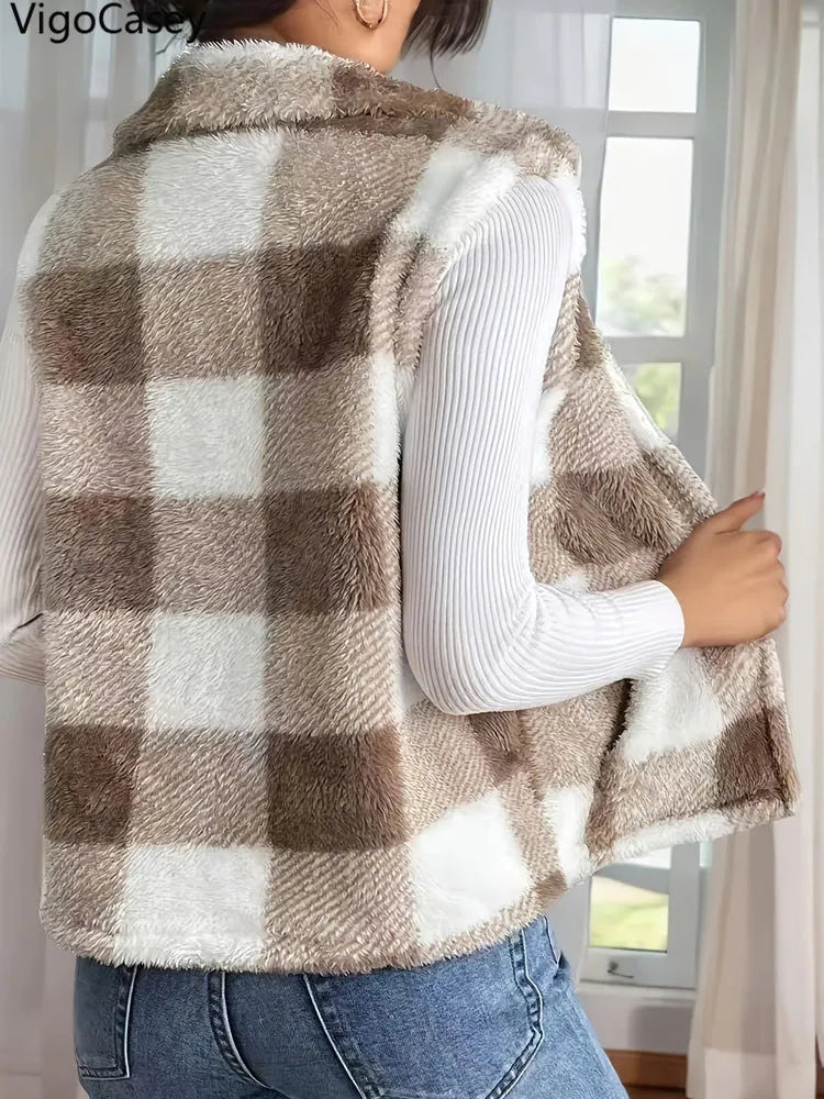 VigoCasey Plaid Print Weste - Reißverschluss Locker Plüsch Warm Größe Regular Material Polyester Spandex Ohne Füllung