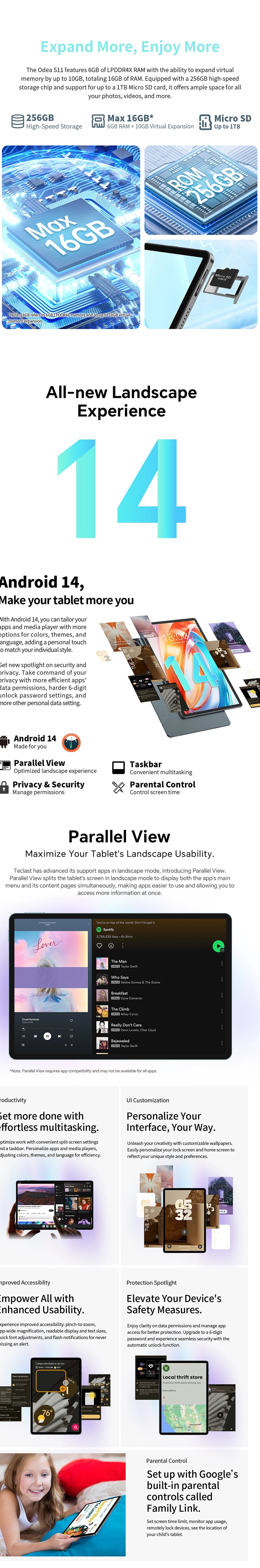 Odea S11, 11 inch TDD, 8000Mah, tabletă Android 14 (expansiune 6Gb+10Gb), 16Gb RAM, 256Gb ROM, rezoluție 1920X1200 IPS, Unisoc T606, 8 nuclee, Mali-G57, 4G LTE, Wifi, GPS, 2 sloturi SIM + 1 slot pentru telefon, Widevine L1 pentru Netflix.