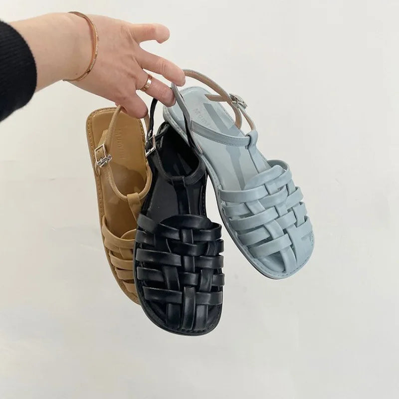 Frauen Flach Römisch Sandalen Sommer Neu Casual Runder Kopf Leicht Rutschfest Gewebt Schuhe Sommer Einfarbig Schnalle Hausschuhe