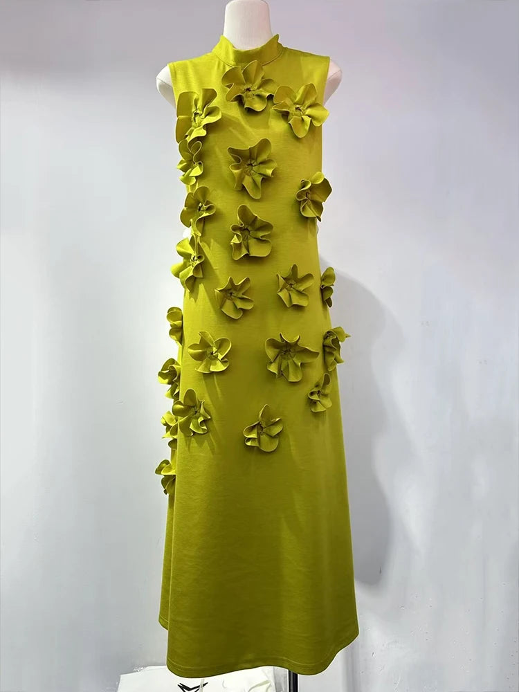 EWQ Elegant Female Evening Dress 3D Floral Design Stand Collar Sleeveless Temperament Women Slim Dresses 2025 Spring Red Robe