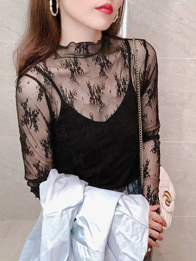 Summer Women Lace Floral Embroidery Blouses Shirt Ladies tops elegant mesh Blouses Transparent Elegant See-through Black Shirt