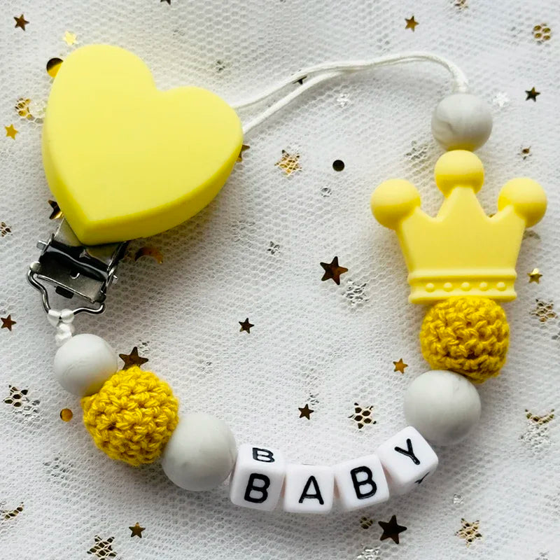 Nou personalizat nume personalizat suzetă clemă lucrată manual din lemn de fag lanț silicon coroană suport suzetă bebeluși jucărie de mestecat cadou de mestecat