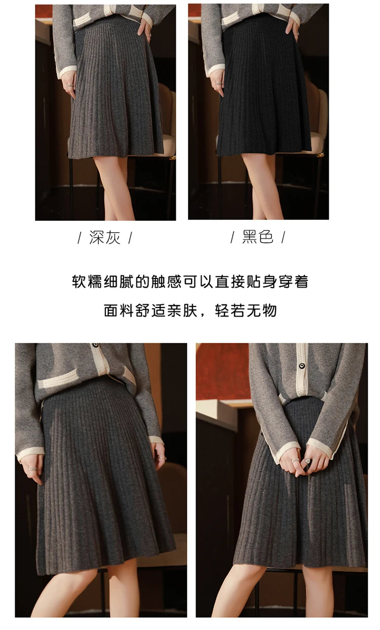 Fustă elegantă pentru femei, 100% lână, tricotată, modă coreeană, solidă, casual, linie A, plisată, scurtă, primăvară șic, talie înaltă, fustă