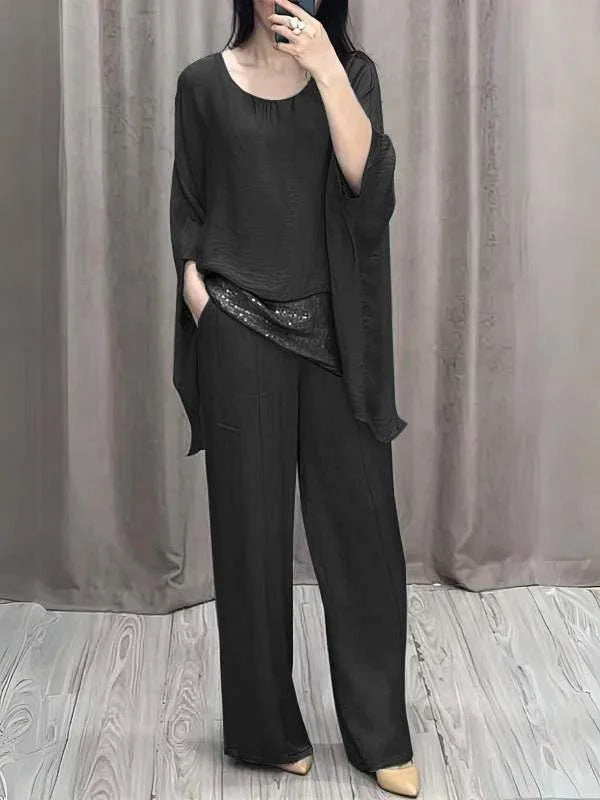 Costum elegant pentru femei, casual, cu mânecă de liliac, bluză, top, pantaloni cu picior larg, la modă, set de 2 piese, ținute de petrecere, toamna nouă 2024