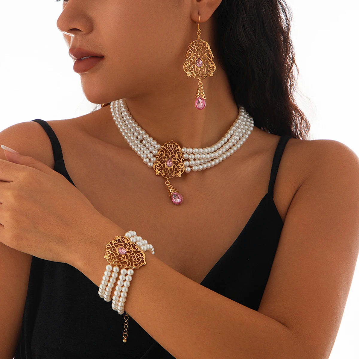 KunJoe Luxus Mehrschichtig Imitation Perlen Halskette Armband Ohrringe Frauen Wassertropfen Grün Strass Choker Hochzeit Schmuck Set