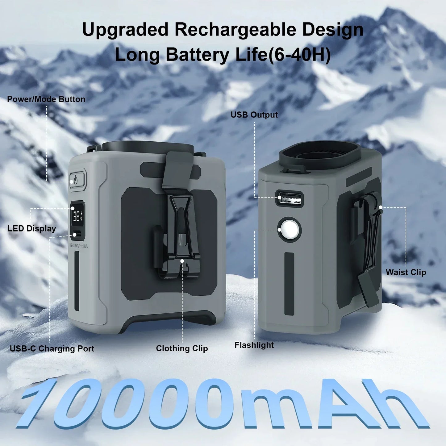 Ventilator portabil de talie 10000mAh cu baterie externă, iluminare LED, ventilator de gât suspendat, ventilator de răcire cu flux de aer puternic cu 5 viteze pentru lucru în aer liber