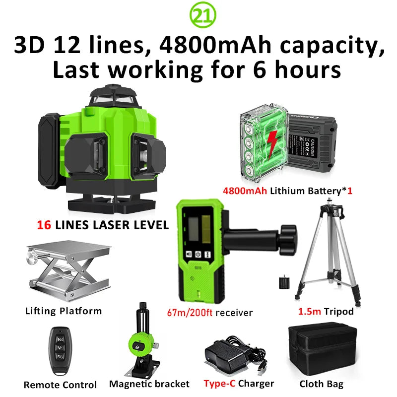 CLUBIONA 16/12 lines Self-leveling Remote Control Outdoor Mode - Receiver Auto 3x360 Green beam Line Laser Level