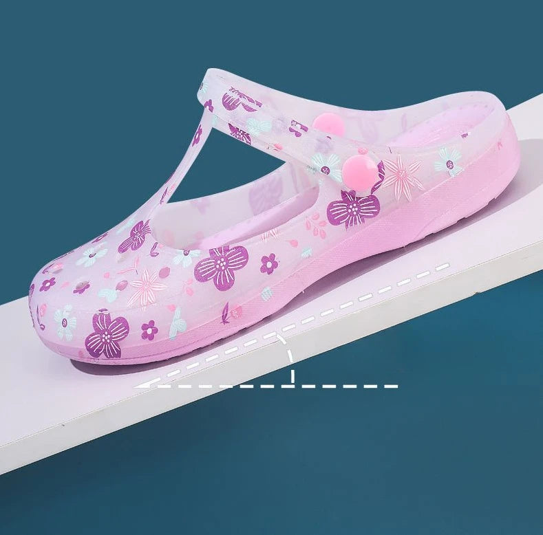 Women's Pink Floral & Butterfly Print Transparent T - Strap Jelly Sandals - Comfortable & Stylish Summer Printed Hole Shoes