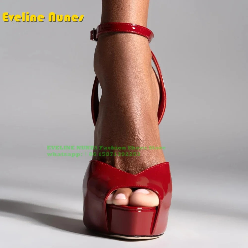 Peep Toe Platform Buckle Strap Red Sandals Pointed Toe Thin Heel Slingback elegant Women Runway Show Shoes Spicy Girl Party Trend