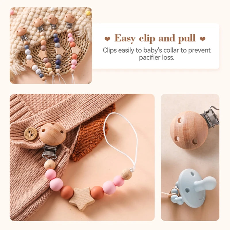 Lanț pentru suzeta bebelușilor, cu stele, personalizabile, cu mărgele, cleme din lemn pentru suzetă, fără BPA, lucrate manual, lanț pentru sugari, lanț pentru alăptarea sugarilor