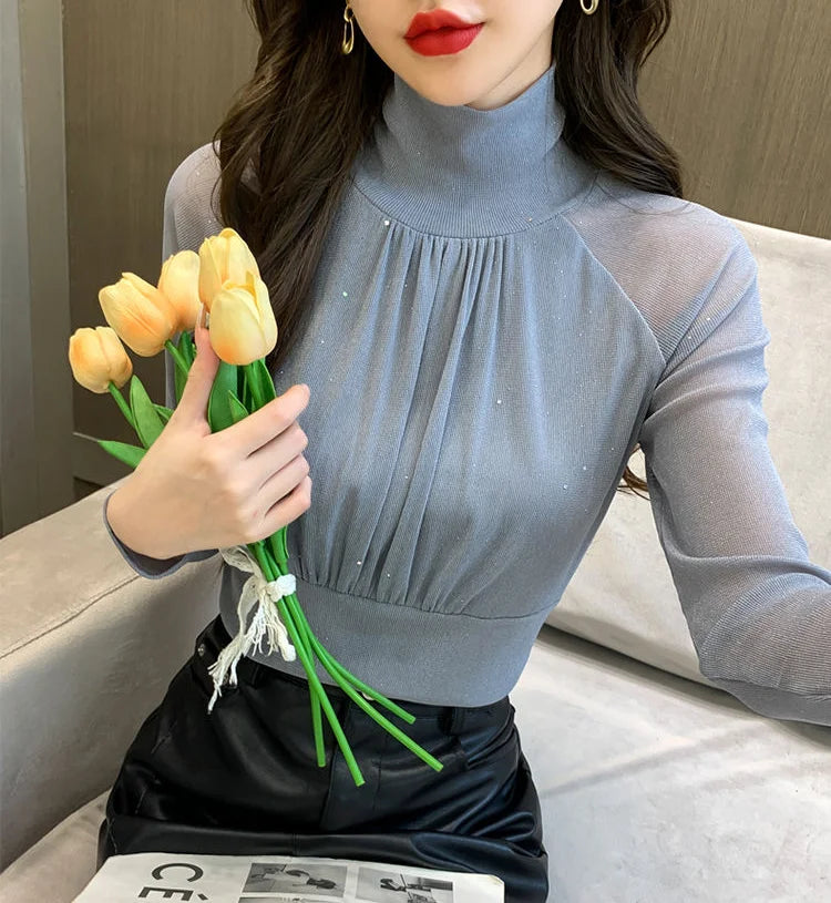 Tricou cu mânecă lungă și stras pentru femei, cu guler înalt, cu sclipici și paiete, ieftin, elegant, la reducere