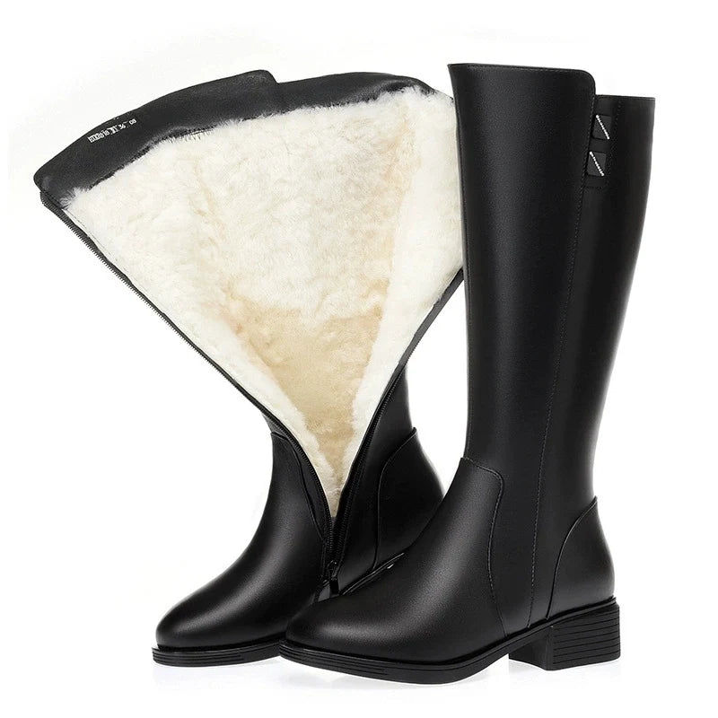 Ghete de iarnă din piele naturală Woizgic KQ-Z, închidere cu fermoar până la jumătatea gambei - Mărimea 41-42, toc 3-5 cm, căptușeală din lână