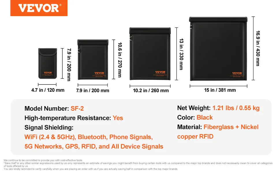 VEVOR Faraday Pouch Set für Laptop, feuersicher und wasserdicht, für Auto-Schlüssel, Phones, Tablets, Anti-Diebstahl-Pouch, Anti-Hacking-Fall