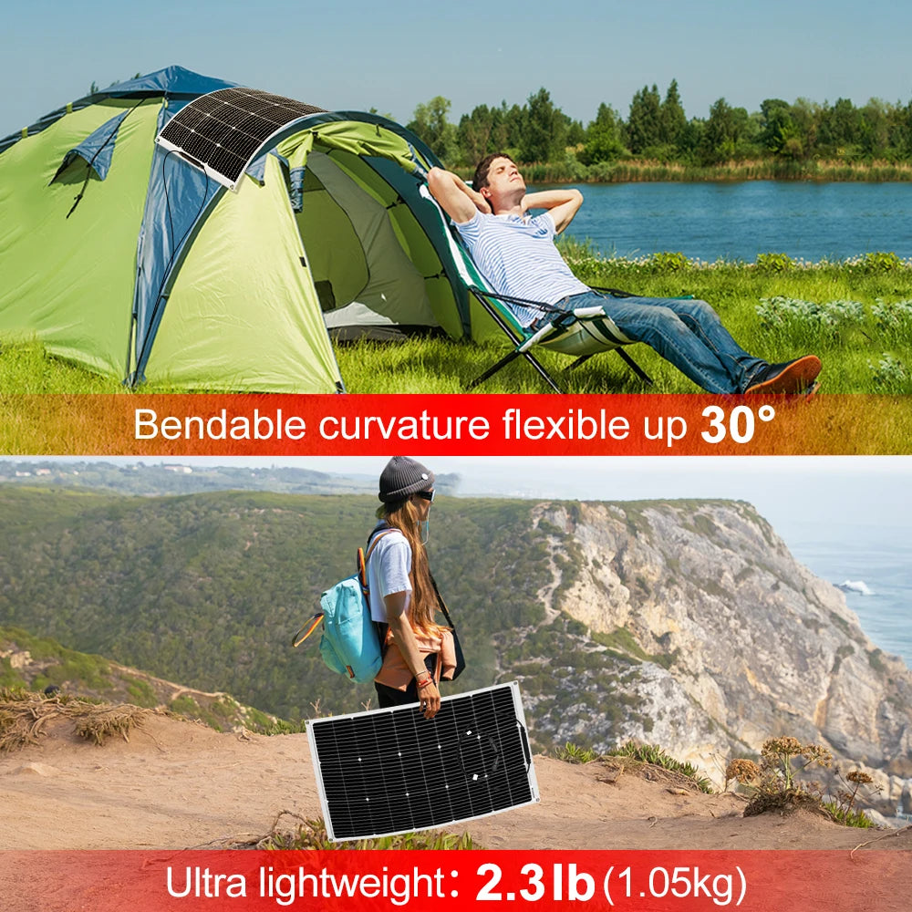 DOKIO 18V 200W Flexible Solar Panels 2PCS 100W Waterproof Monocrystalline Solar Panel Camping RV Home Charge 12V DFSP-100M
