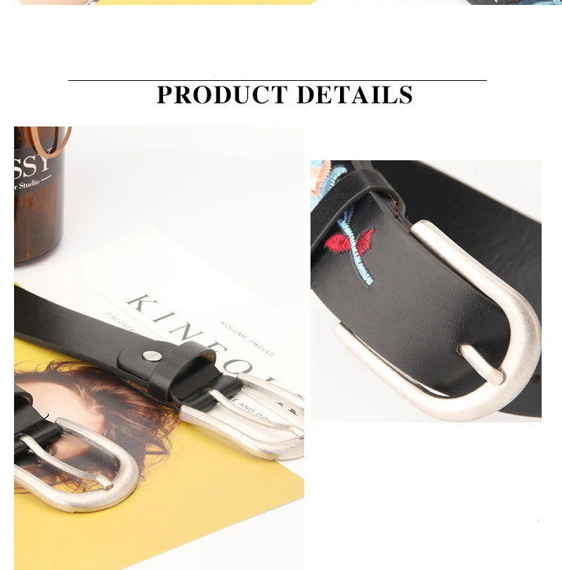 Embroidered Flowers Leather Women's Belt Fashion Casual Luxury Design Simple Versatile Jeans Goth Retro Pin Buckle Waistband New