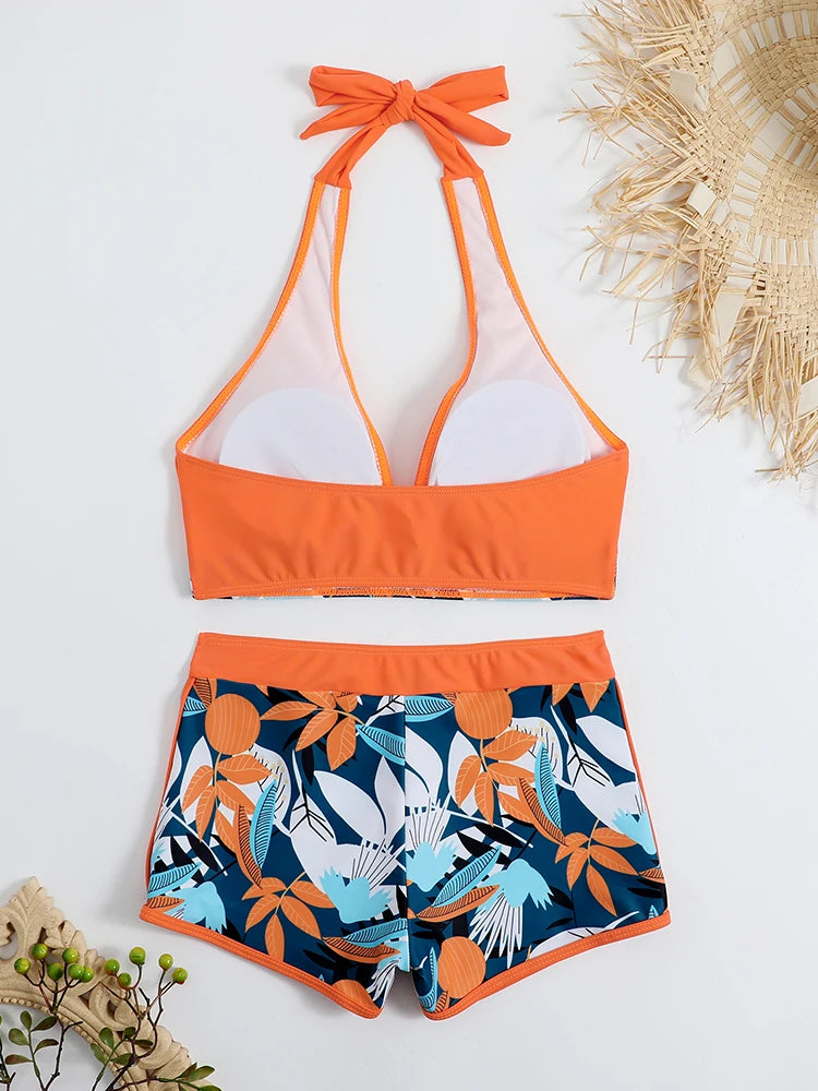 Halter Bikini Set: High Waist Design Wire-Free Support Spandex Polyester - Kurzer Schwimmanzug Frauen Bedruckte Bademode Polsterung Strandmode
