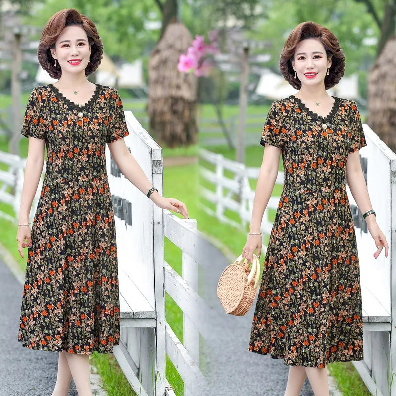 Elegant Women Dress Elegant Casual V-Neck Print Vintage Ladies Mid-Calf High Waist Summer Bohemian Dresses