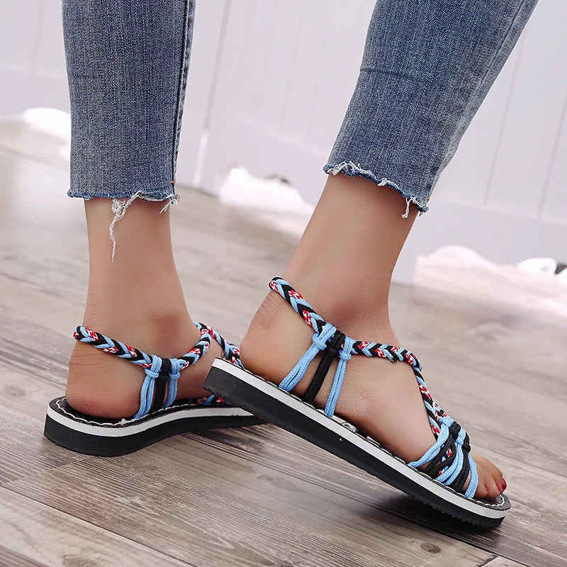 Women Sandals Summer Closed Toe Flat Romen Sandals Women Mixed Colors Rope Knot Sandals Women Casual Beach Sandals Plus Size